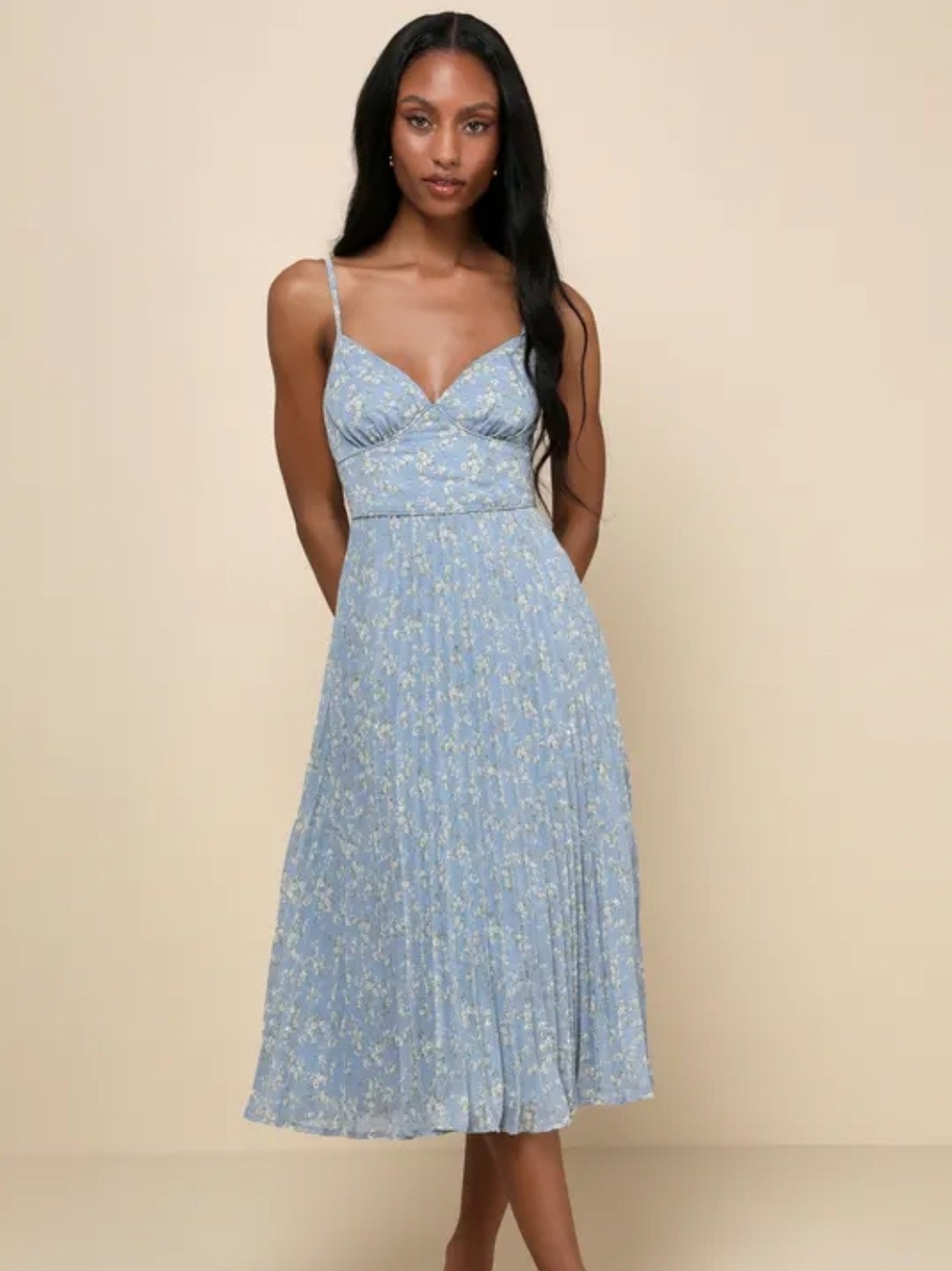 Lulu's Darling Favorite Light Blue Floral Sleeveless Pleated Midi Dress Sz Small